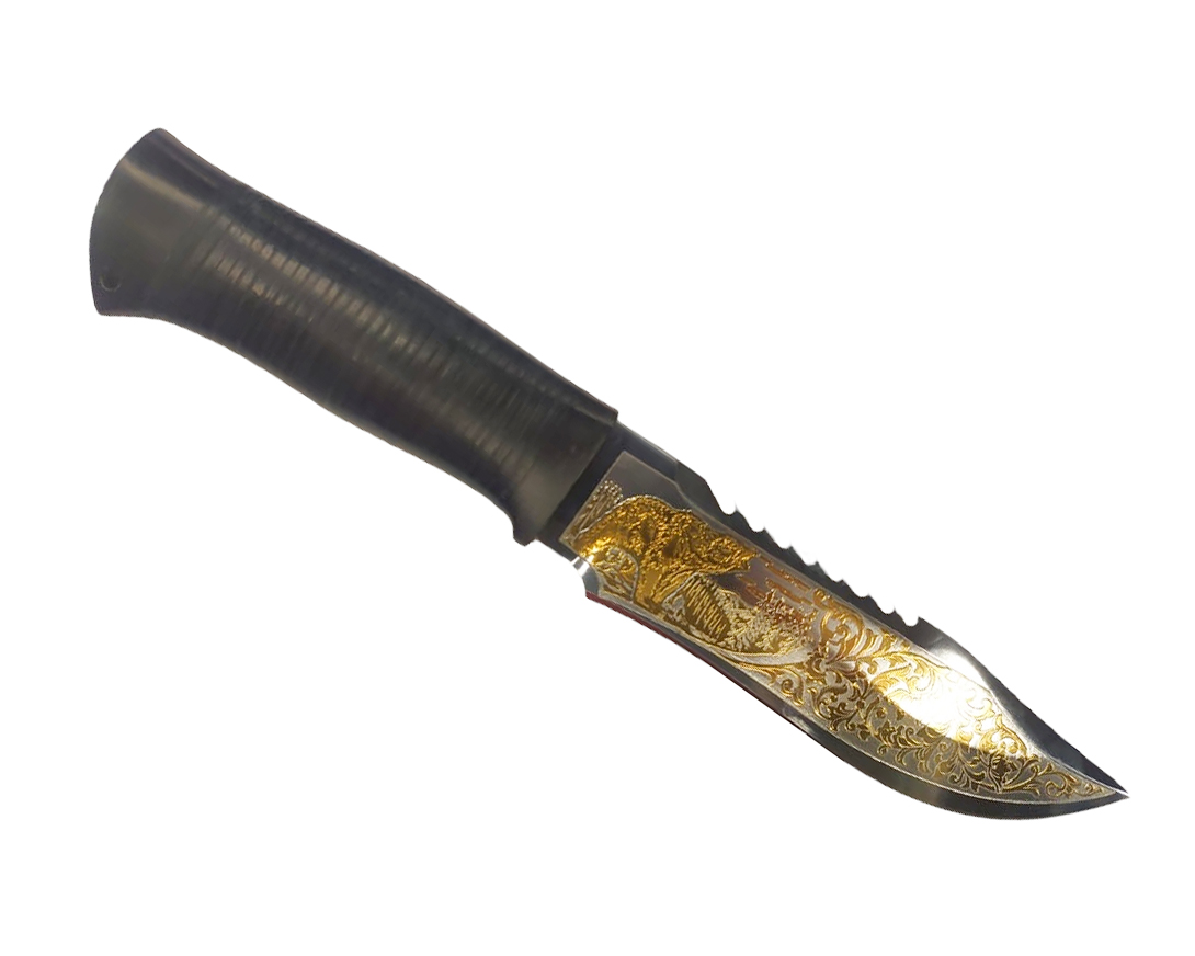 Нож Росоружие Тайга 95x18 кожа позолота гравировка