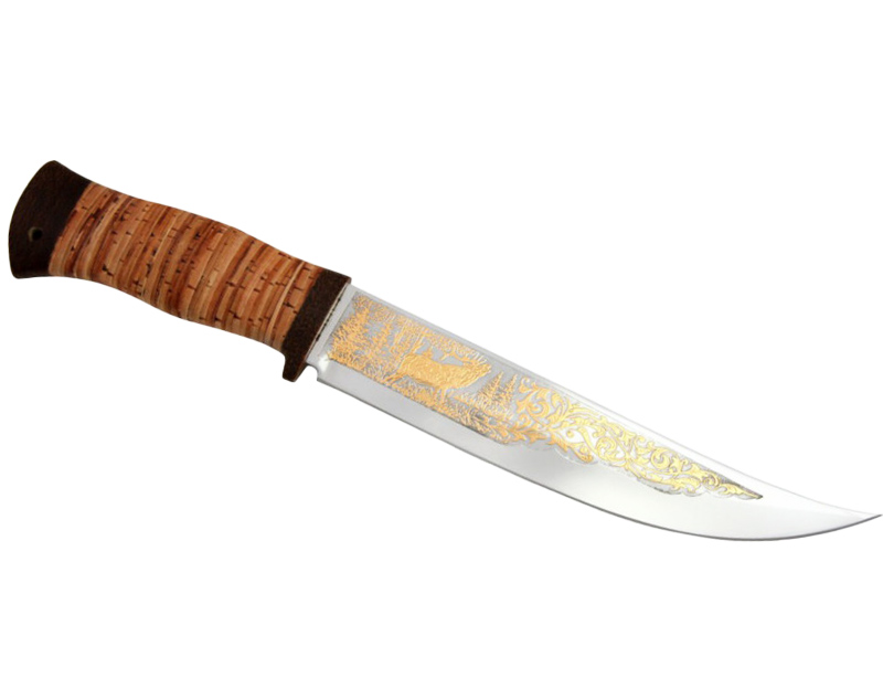 Нож Росоружие Атаман 95x18 береста позолота гравировка