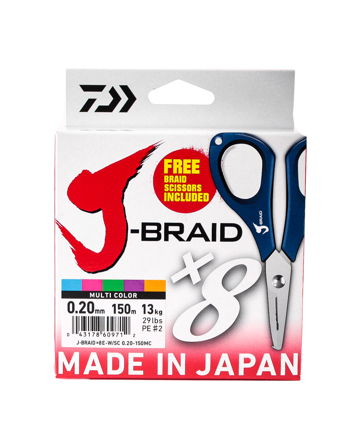 Шнур Daiwa J-Braid X8E-W/SC 0,20мм 150м multicolor + ножницы - фото 1