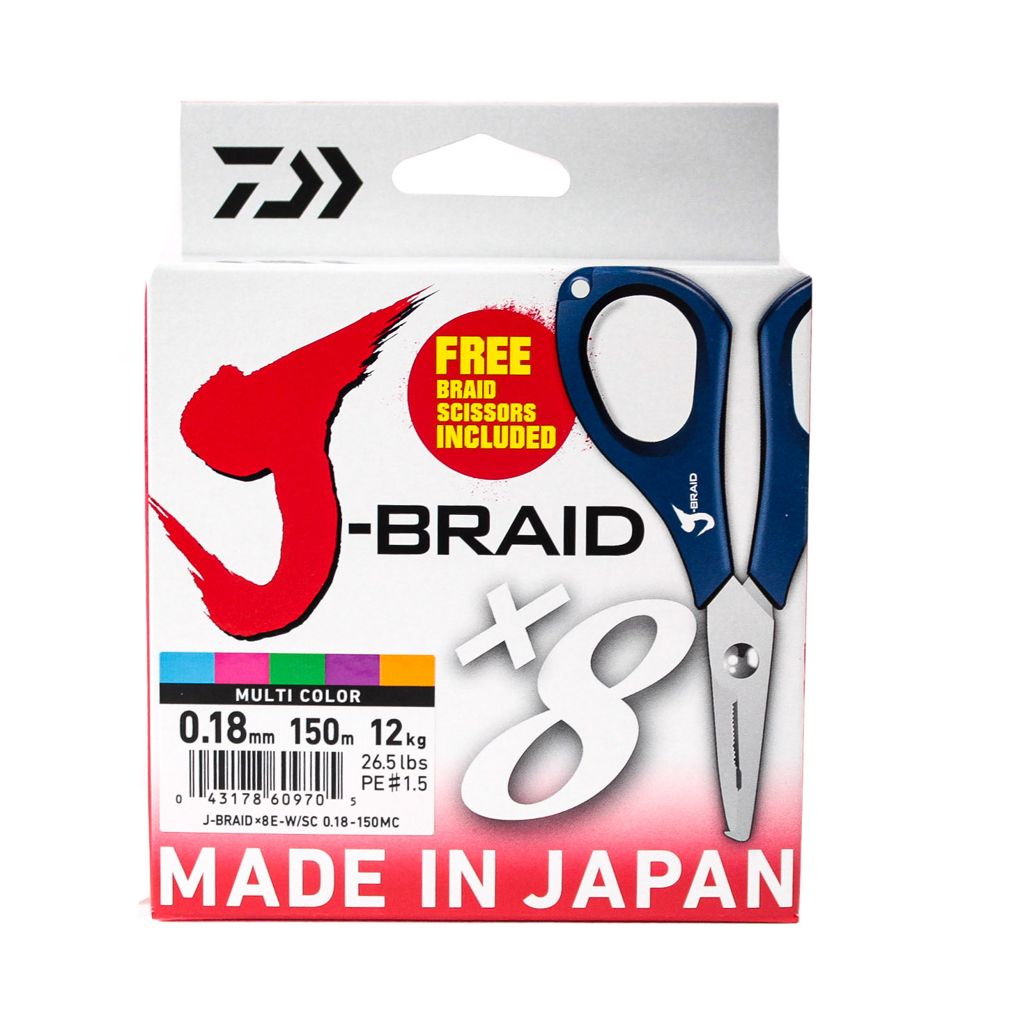 Шнур Daiwa J-Braid X8E-W/SC 0,18мм 150м multicolor + ножницы - фото 1