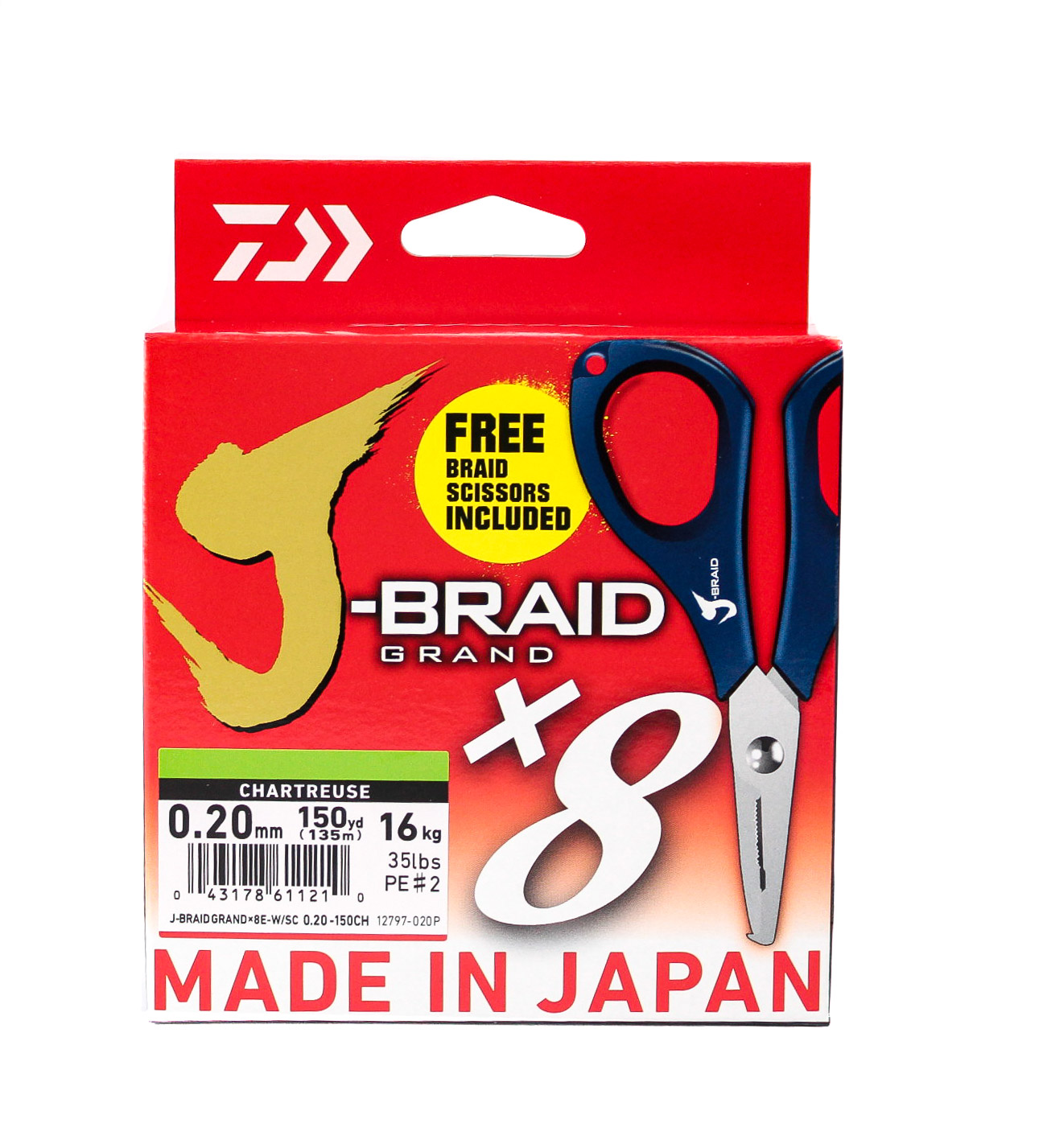 Шнур Daiwa J-Braid X8E-W/SC 0,20мм 135м chartreuse + ножницы