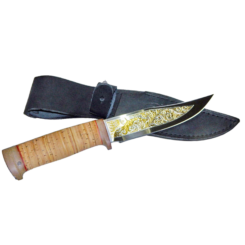 Нож Росоружие Домбай ЭИ-107 береста позолота гравировка - фото 1