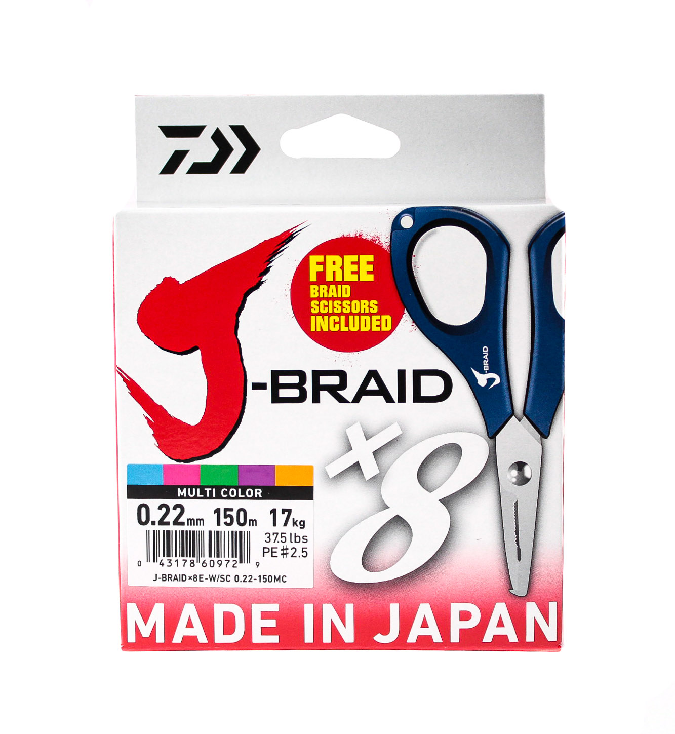 Шнур Daiwa J-Braid X8E-W/SC 0,22мм 150м multicolor + ножницы - фото 1