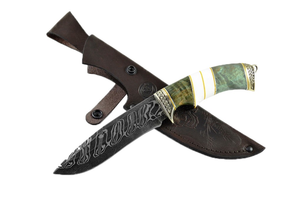 Нож ИП Семин Скиф дамасская сталь литье наборная рукоять карельская береза - фото 1