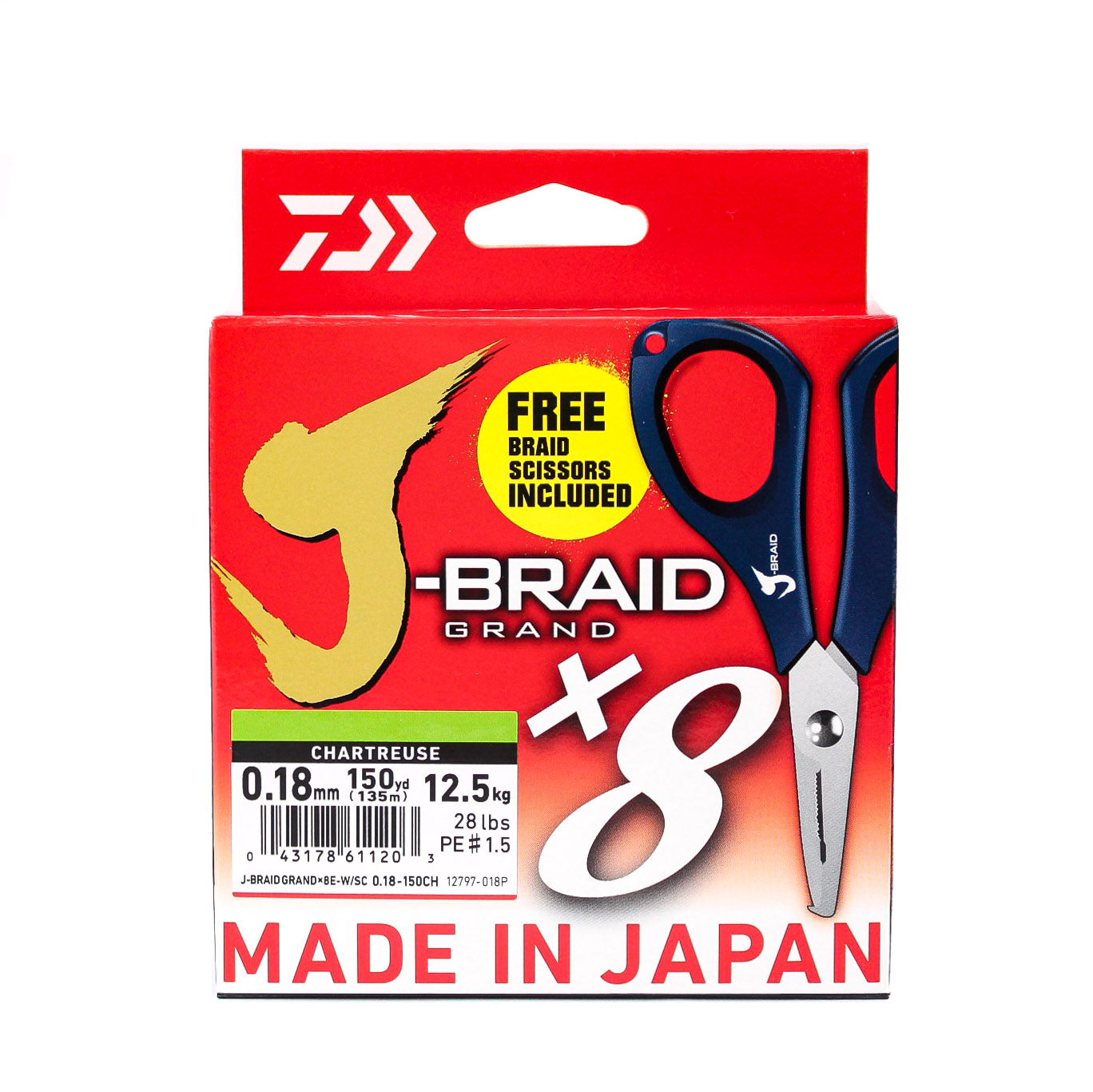 Шнур Daiwa J-Braid X8E-W/SC 0,18мм 135м chartreuse + ножницы