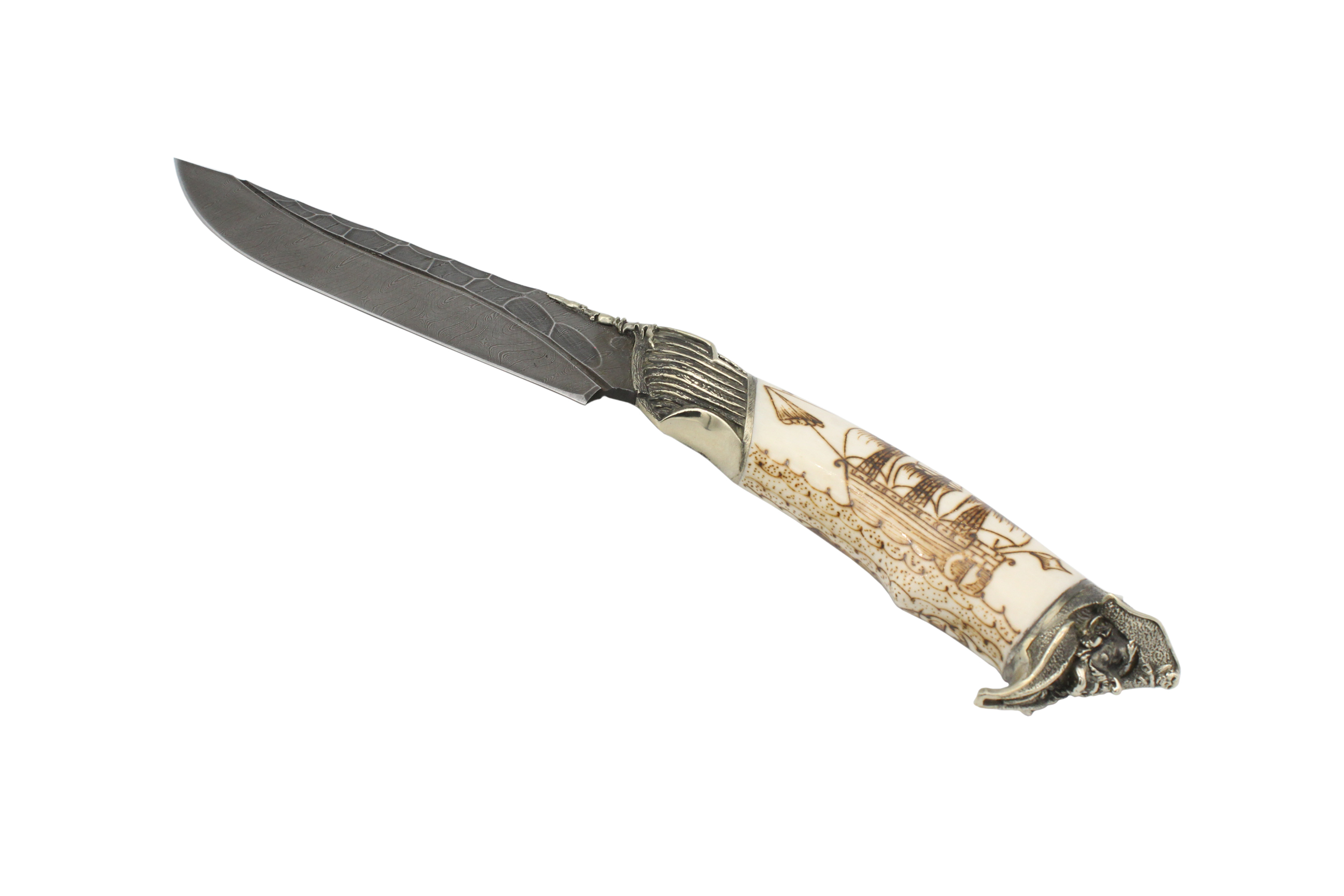 Нож ИП Семин Путник дамасская сталь литье пират кость - фото 1