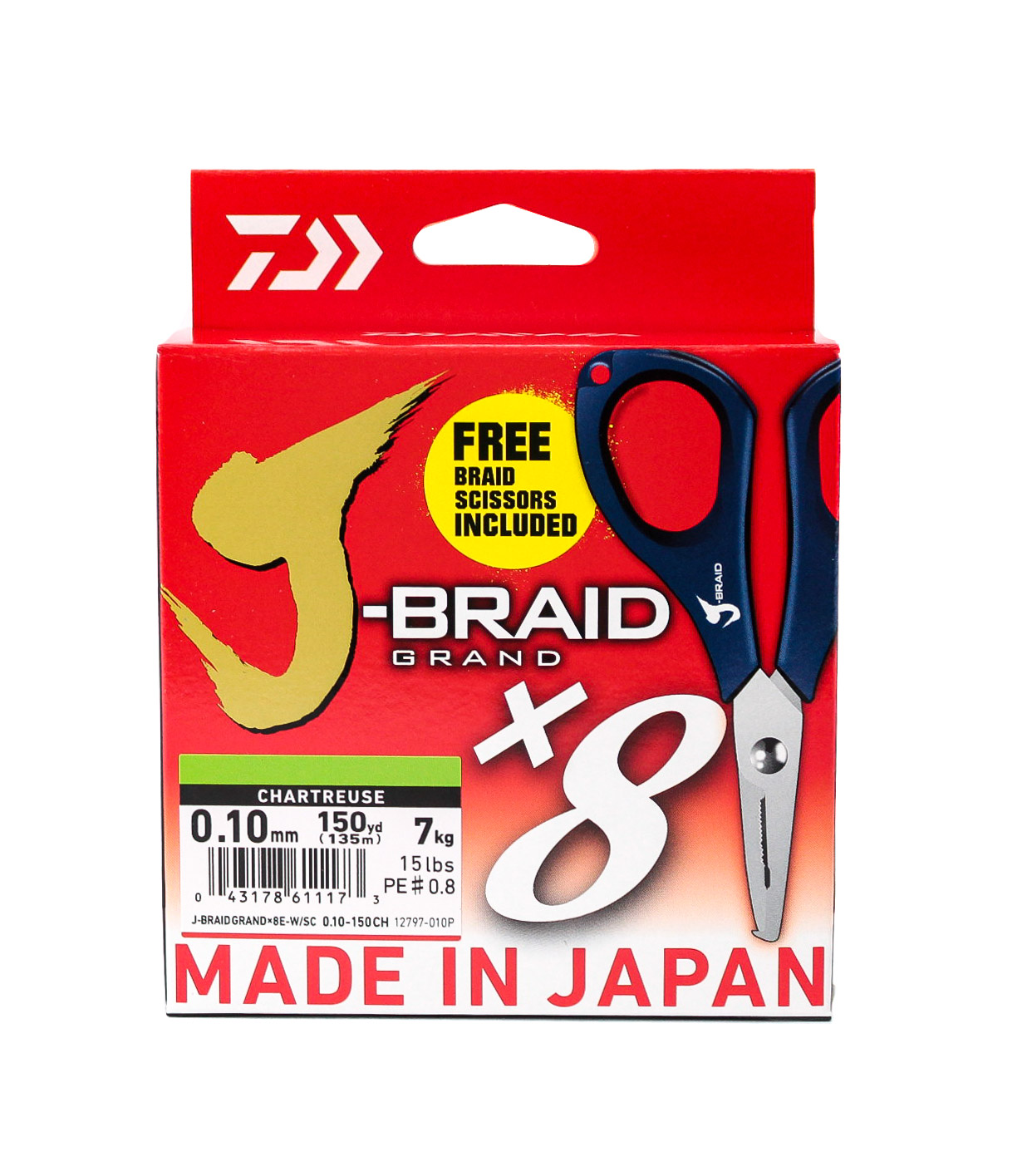 Шнур Daiwa J-Braid X8E-W/SC 0,10мм 135м chartreuse + ножницы